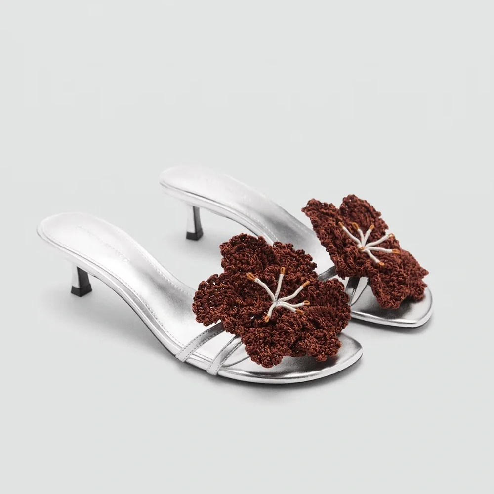 MANGO Leather Heeled Sandals with Flower